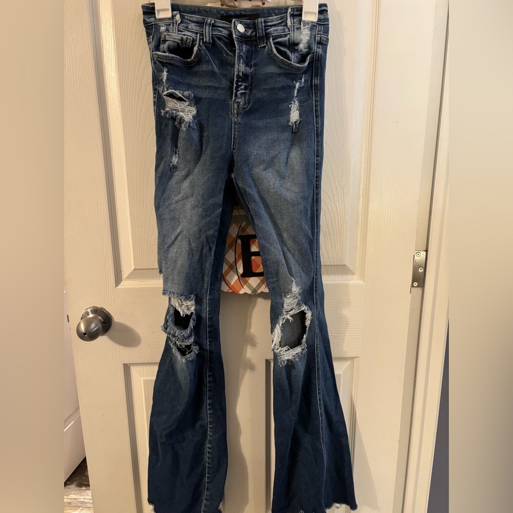 Flying Monkey Distressed Flare Jeans in Dark Blue